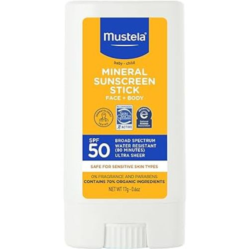 Mustela Baby Mineral Sunscreen Stick SPF 50 Broad Spectrum - Face & Body Sun Stick with 70% Organic Ingredients - Ultra Sheer, Water Resistant & Fragrance-Free - 0.6 oz (Pack of 1)