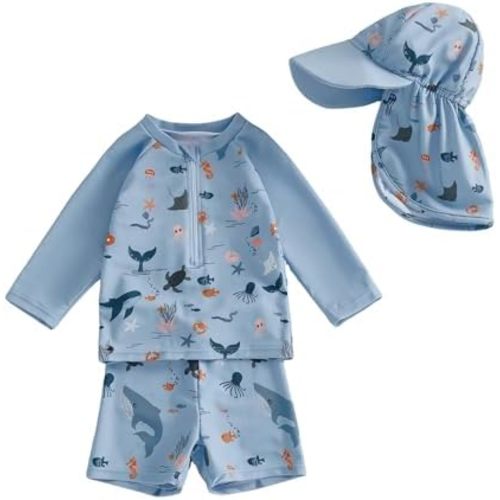 Hnyenmcko Toddler Baby Boys Swim Set Long Sleeve Rashguard Swimsuit Shirt Trunks Infant Bathing Suit Swimwear with Hat