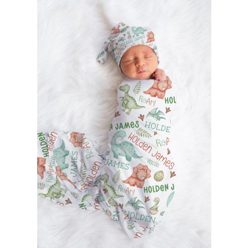 DINOSAUR SWADDLE BLANKET Set for Baby Boy, Personalized Name Swaddle, Baby Shower Gift, Dinosaur Baby Gift, Baby Boy Custom Blanket & Hat