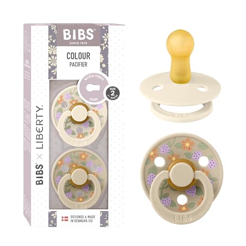 BIBS Colour Liberty Soother 2-Pack, BPA Free Dummy Pacifier, Round Nipple. Natural Rubber Latex, Made in Denmark, Size 2 (6-18 Months), Strawberries and Cream Ivory Mix