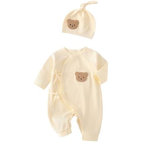 Baby Ribbed Romper and Hat Set with Bear Applique, 100% Cotton Infant Bodysuit, White, Long Sleeve