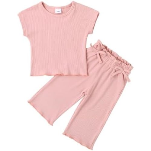 Toddler Baby Girl Summer Clothes Knit Ribbed Short Sleeve T-Shirt Tops + Flowy Wide Leg Pants Two Piece Outfit