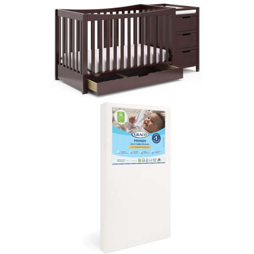 Graco Remi 4-in-1 Convertible Crib and Changer and Premium Crib & Toddler Mattress Bundle, Espresso