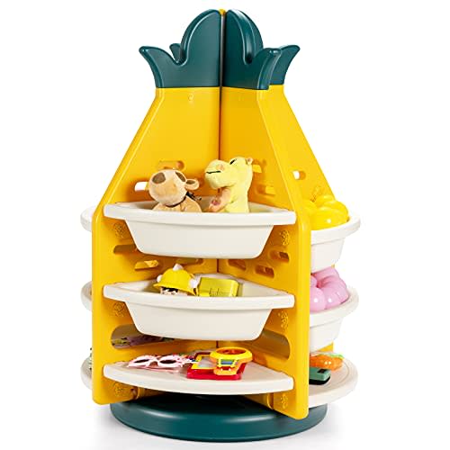Costzon Kids Toy Storage Organizer, 3-Tier 360° Rotating Toy Shelf w/ 8 Bins & 4 Shelves, Toddler Book Rack Furniture for Kids Room Playroom, Easy Assemble Bookcase for Boys Girls, Pineapple Shape