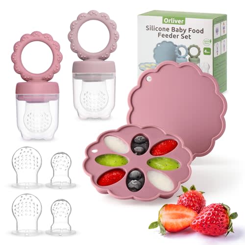 Silicone Baby Fruit Food Feeder Breastmilk Popsicle Molds Set, Baby Food Freezer Tray for Cooling Teething Relief, Baby Food Feeder for Safe Infant Self Feeding, Includes 6 Extra Food Pacifier