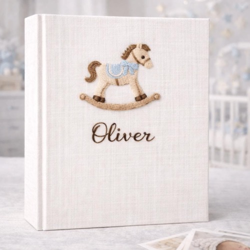 Personalized Hand Embroidered Photo Album, Custom Linen Memory Book, Handmade Newborn Keepsake Gift
