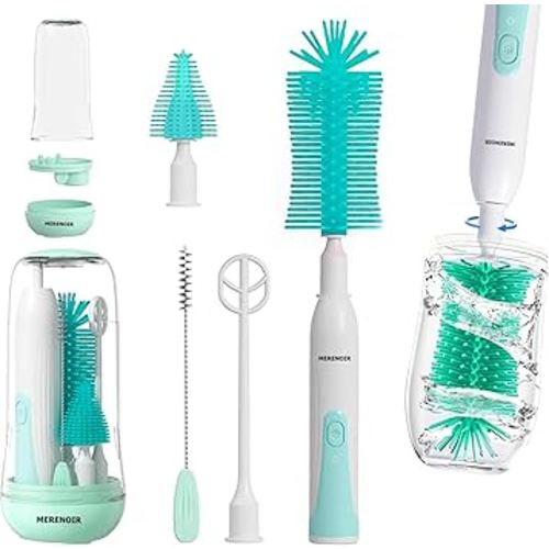Electric Bottle Brush Cleaner, Rechargable Electric Baby Bottle Brush for Travel, Silicone Waterproof Electric Bottle Cleaner Set with Nipple & Straw Brush, Gift for Mom After Birth