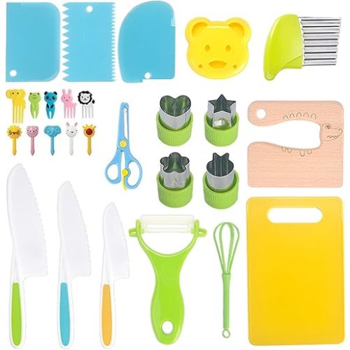 27 Pieces Kids Safe Knife Set, Montessori Kitchen Tools for Toddlers, Kids Cooking Sets, Kids Kitchen Set Include Safe Knife, Cutting Board, Fruit Fork, Peeler, Crinkle Cutter, Egg Beater, etc.