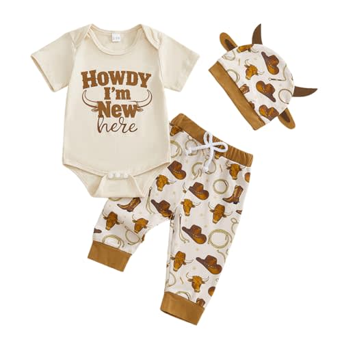Santikisler Infant Baby Boy Spring Outfit Cattle Head Letter Short Sleeve Romper Long Pants Hat 3PCs Set Western Clothes