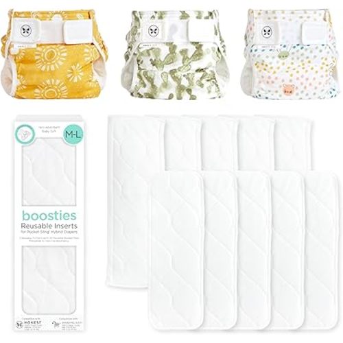 Honest Hybrid Cloth Diaper Cover + Super Boosties Reusable Inserts, Medium (12-25 lbs), Cotton Muslin Honest Covers Feature Pocket-Sling, 3 Pack, Boosties Inserts 10 Count
