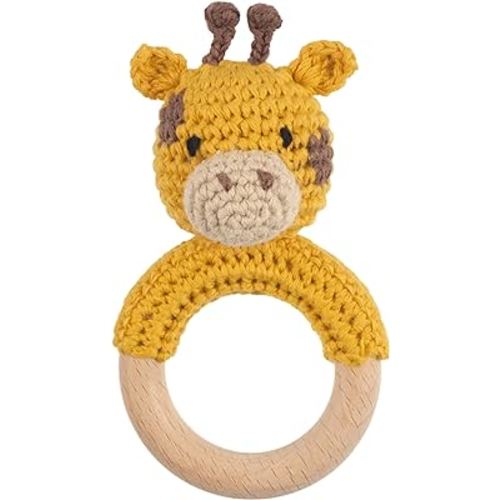 Safari Animals Wooden Baby Rattle Toys Stuffed Crochet Rattle with Teether Ring for Newborn, Giraffe