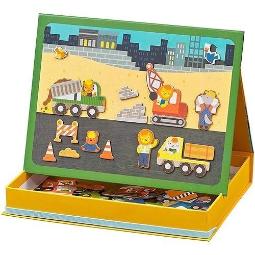 Petit Collage Magnetic Play Scene, Construction Site – Magnetic Game Board with Mix and Match Magnetic Animal Friends, Ideal for Ages 3+ – Includes 2 Scenes and 40 Magnet Pieces