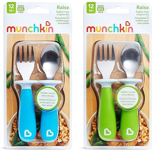 Munchkin® Raise™ Toddler Fork and Spoon Utensil Set, Rest Keeps Tip Off Table, BPA Free, 4 Pack, Blue/Green