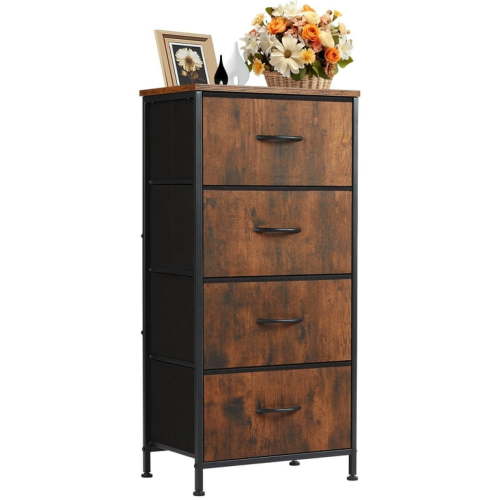 CONCETTA 4 Drawer Dresser, Wide Chest Drawers Nightstand Storage Tower Storage Fabric Dresser With Wood Top for Living Room, Bedroom, Hallway, Nursery, Brown
