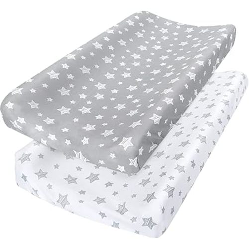 Changing Pad Cover for Boys Girls 2 Pack, Lovely Print Soft Unisex Diaper Change Table Sheets, Fit 32"x16" Contoured Pad, Comfy Cozy 2-Pack Cradle Sheets, Grey & White