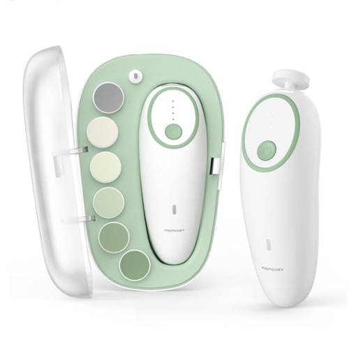 Momcozy Baby Nail File Electric, Gentle Baby Nail Trimmer Electric, Baby Nail Clipper with Night Light, 7 Grinding Head Replacement Pads, Green