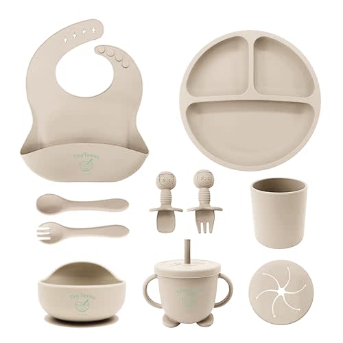 Tiny Tastes 10-Piece Silicone Baby Feeding Set – BPA-Free, Spill-Proof Suction Plate, Bowl, Bib, Snack Cup & Utensils | Dishwasher Safe, Baby Gift Ready (Beige)