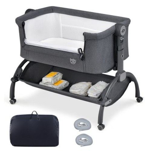 Babyjoy 3-in-1 Portable Baby Bassinet Bedside Sleeper Cradle with Mattress& Storage Basket, Color: Grey