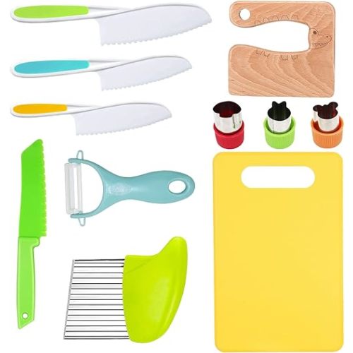 RISICULIS 11 Pieces Wooden Kids Kitchen Knife, Kids Knife Set Include Wood Kids Knife, Serrated Edges Plastic Toddler Knife, Crinkle Cutter, Sandwich Cutter, Y Peeler, Cutting Board