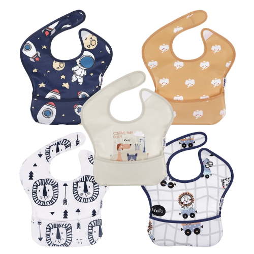 Gllquen Baby Bibs, Waterproof, 5 Pack, Elephant & Astronaut Designs, 3-24 Months