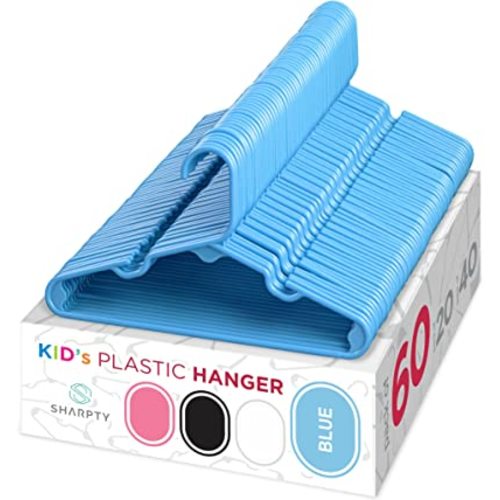 Sharpty Kids Plastic Hangers, Children's Hangers for Baby, Toddler, and Child Clothes - Everyday Standard Use - Ideal for Boys and Girls Closet, Clothing, Pants, Coats, and More - Blue, 60 Pack
