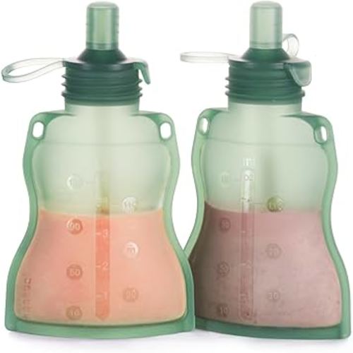 haakaa Silicone Refillable Squeezy Baby Food Yummy Pouch Homemade Organic Food for Babies/Toddlers/Kids, 2 Pack 4 oz, Pea Green