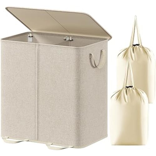 Lifewit Double Laundry Hamper with Lid and Removable Laundry Bags, Large Collapsible 2 Dividers Dirty Clothes Basket with Handles for Bedroom, Laundry Room, Closet, Bathroom, College, 136L Beige