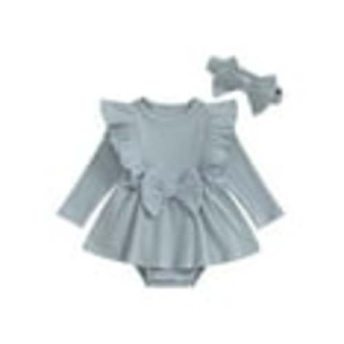 Lieserram Newborn Baby Girl Romper Dresses, 0 3 6 9 12 18 Months Long Sleeve Solid Color Crew Neck Bow A-line Skirt Bodysuit with Headband Clothes