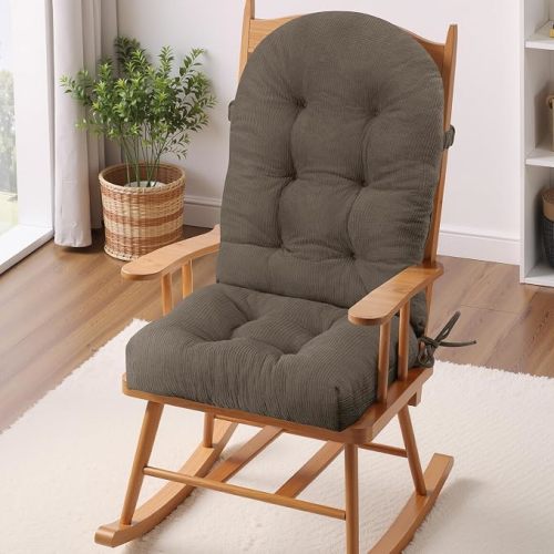 Rocking Chair Cushion - Plaid Corduroy Fabric, High-Density Sponge, Durable Comfort Non-Slip Bottom Tufted Seat Pads with Ties, Plaid Corduroy︱Beige Grey, 44x19x4 inch