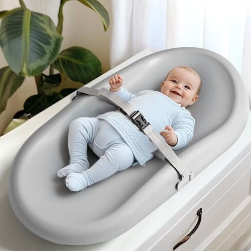 Wipe-Clean Changing Pad, Waterproof & Wipeable, Soft & Non-Slip Diaper Adjustable Safety Belt, Changing Pad for Dresser, Changing Table, Gray