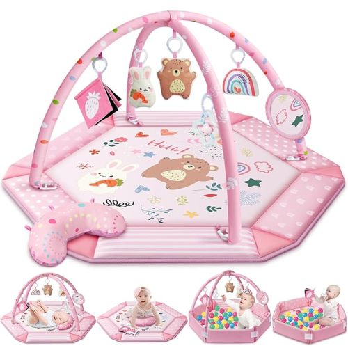 Baby Gym Play Mat, 8-in-1 Tummy Time Mat & Ball Pit with 6 Toys, Washable Baby Activity Mat for Visual, Hearing, Sensory, Motor Development, Baby Gift for Newborn Infant 0-3-6-9-12 Months (Pink)