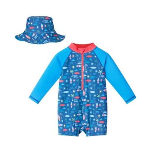 Andy & Evan Infant Long Sleeve Navy Beach Print Swim Romper W/hat