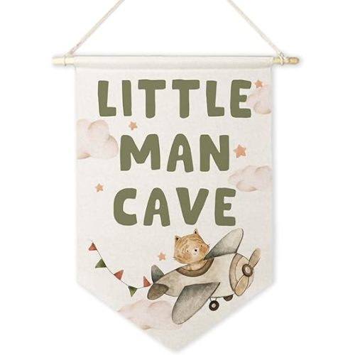 ArtisaEura Little Man Cave Wall Canvas Banners, Airplane Nursery Decor, Baby Tiger in Plane Hanging Display Pennant Banner Flags, Nursery Wall Decor for Kids Boys Room Bedroom Playroom
