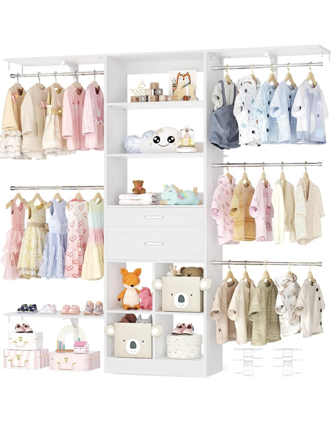 5FT Small Closet System, Baby Closet Organizer System with Wooden Drawers, 60 Inches Walk In Closet System With 5 Hanging Rods and 3 Reversible Hanging Shelving, White