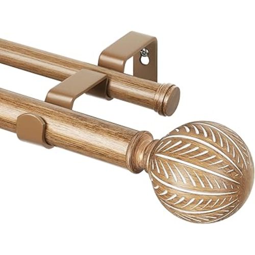 KAMANINA 1 Inch Wood Double Curtain Rods for Windows 36 to 72 Inches (3-6 Feet), Heavy Duty Decorative Curtain Rods, Wooden Drapery Rods with Leaf Pattern Finials, Wood Grain
