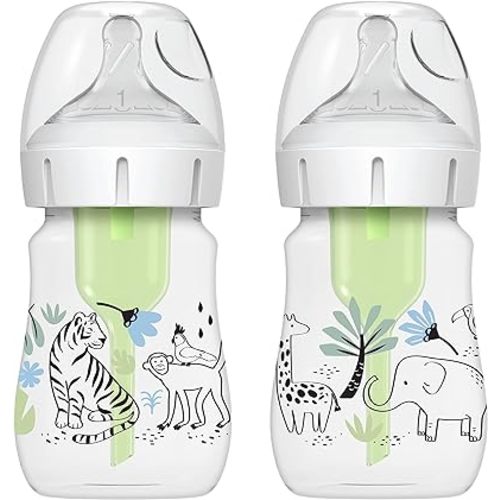 Dr. Brown’s Natural Flow® Anti-Colic Options+™ Wide-Neck Baby Bottle Designer Edition Bottles, Jungle Decos, 5 oz/150 mL, Level 1 Nipple, 2-Pack, 0m+