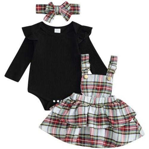 Mubineo Baby Girl Christmas Clothes Plaid Outfits Long Sleeve Romper Overall Skirt Dress Cute Newborn Outfit