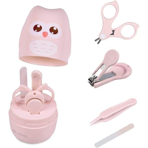 Baby Nail Kit, 4 in 1 Baby Manicure Kit and Pedicure kit with Cute Owl Shape Case. Baby Nail Clipper, Scissor, Baby Nail File & Tweezer for Newborn, Infant & Toddler(Pink)
