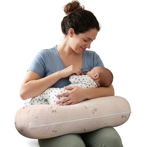 Little Grape Land Almohada de lactancia, suave almohada de lactancia 100% algodón con funda extraíble de muselina transpirable, almohadas de lactancia materna con flores de niebla para bebés de 0 a 12 meses con cremallera protectora