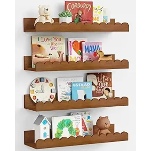 Walnut Nursery Book Shelves Wall Set of 4, Dark Wood Scalloped Floating Bookshelf for Wall, Cloud Wooden Hanging Shelving Unit for Kids Bedroom Baby Child Toddler Room Kitchen (Walnut Brown)