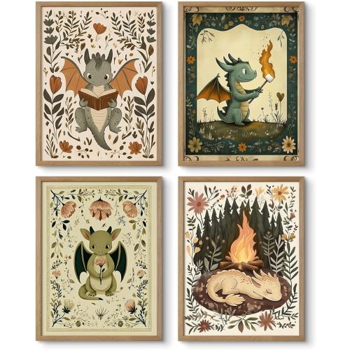 Vintage Nursery Dragon Wall Art Baby Boy Room Canvas Wall Decor Whimsical Dinosaur Flower Poster Nursery Cute Dragon Pictures Fantasy Prints Painting for Girls Bedroom Kids Room 12x16x4 Inch Unframed