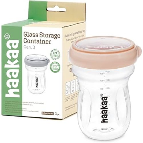 haakaa Glass Baby Food Storage Jar- Food Storage Container Airtight Lid-Wide Neck Gen.3 Baby Bottle -Leakproof BPA-Free 0m+ Newborn Babies(Peach, 6.3oz/180ml)