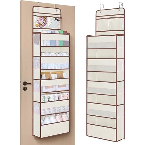 Univivi Over The Door Organizer - Wall Mount Hanging Organizer with 5 Large Compartments, 2 Small PVC Pockets and 8 Mesh Side Pockets for Cosmetics, Toys and Sundries (Beige)