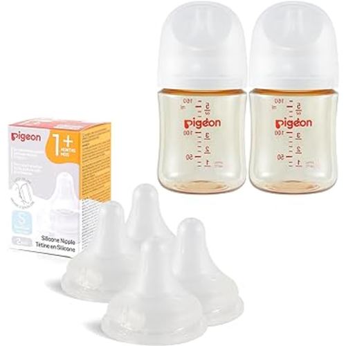 Pigeon PPSU Baby Bottle(5.4 Oz, Pack of 2) with 4 Latch-On Line Silicone Nipples, Newborn Feeding Set(0~3M)
