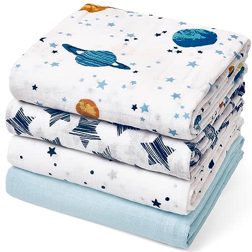 david's kids 4 Pack Baby Muslin Swaddle Blankets, 100% Cotton and Ultra Soft Breathable Receiving Blanket Wrap for Boys Girls, New Born Essentials, Large 47 x 47 inches, Space&Stars