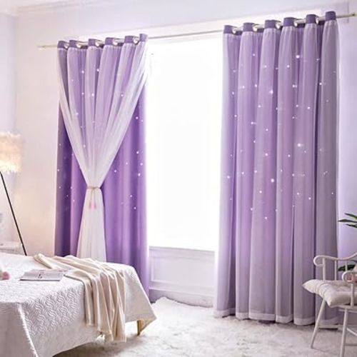 2 Panels Stars Curtains Draperies for Kids Girls Bedroom Living Room Double Layers Blackout Solid Purple Grommet Window Curtains Home Decor (Purple, 2 Panels W52 X L84 Inches)