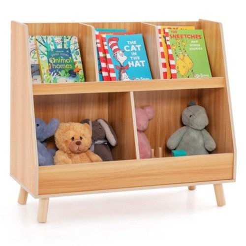 Costway 5-Cube Kids Bookshelf and Toy Organizer Wooden Storage Bookcase with Wood Legs Natural/White, Color: Natural