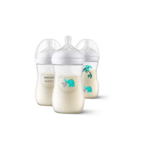 Philips Avent Natural Baby Bottle With Natural Response Nipple, With Blue Elephant Design, 9oz, 3 pack, SCY903/63, Avent Deco Bottle 9oz 3pk