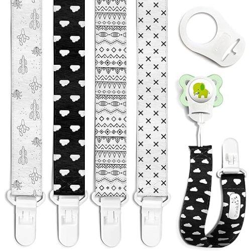 Pacifier Clips - 4 Pack Set of Unique Modern Design in Black and White. Binky Clip Fits All Pacifiers, Soothers. Unisex for Boys and Girls Teether Holder Baby Shower Registry