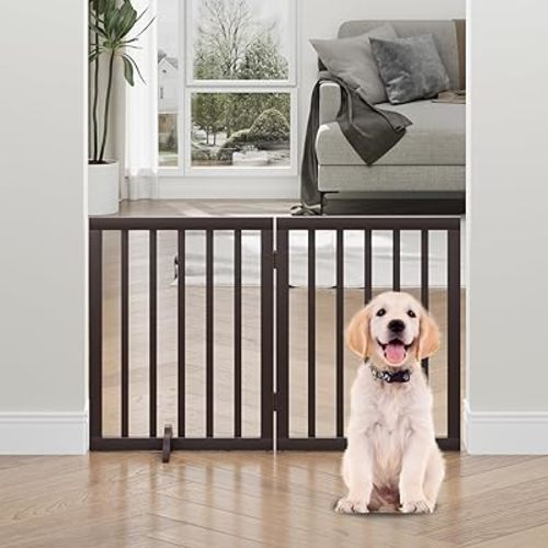 Dog Gate, Freestanding Dog Gates for Doorways, Foldable Dog Gate Indoor, Pet Gates for Doorways Bedroom, Puppy Gate with Metal Support Feet, Room Divider 2 Panels (Brown)